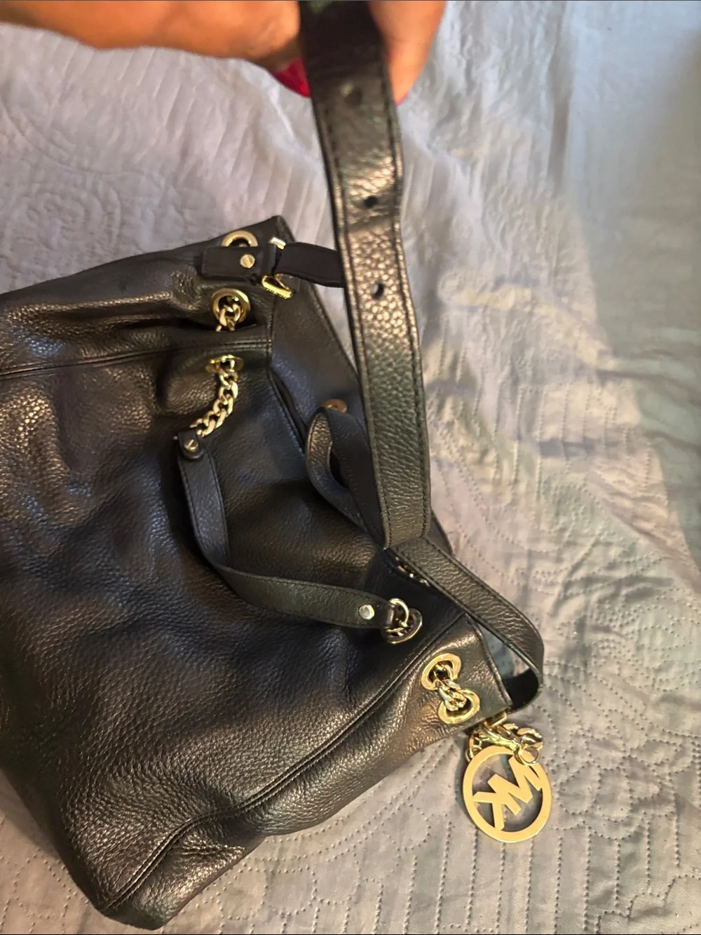 Michael Kors Black Pebbled Leather Shoulder Tote with Gold Accents